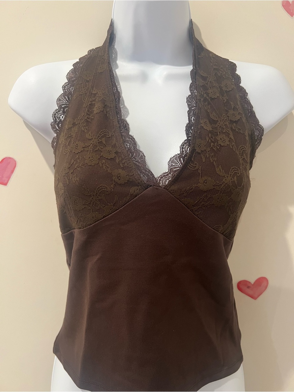 Lace Halter Tank Top in Brown